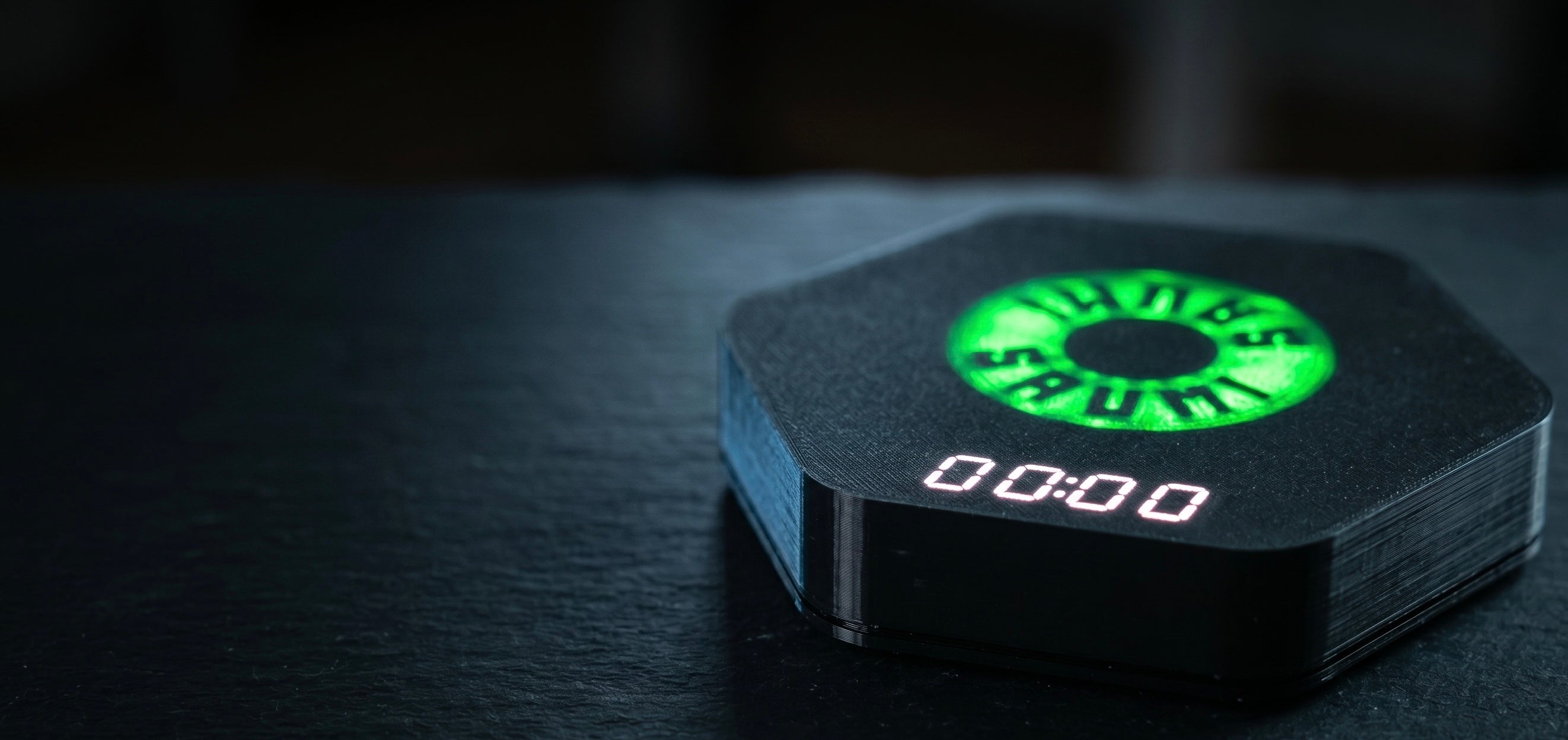 Picture of Saumi the drinking timer with a green circle in the middle and white display on a dark surface