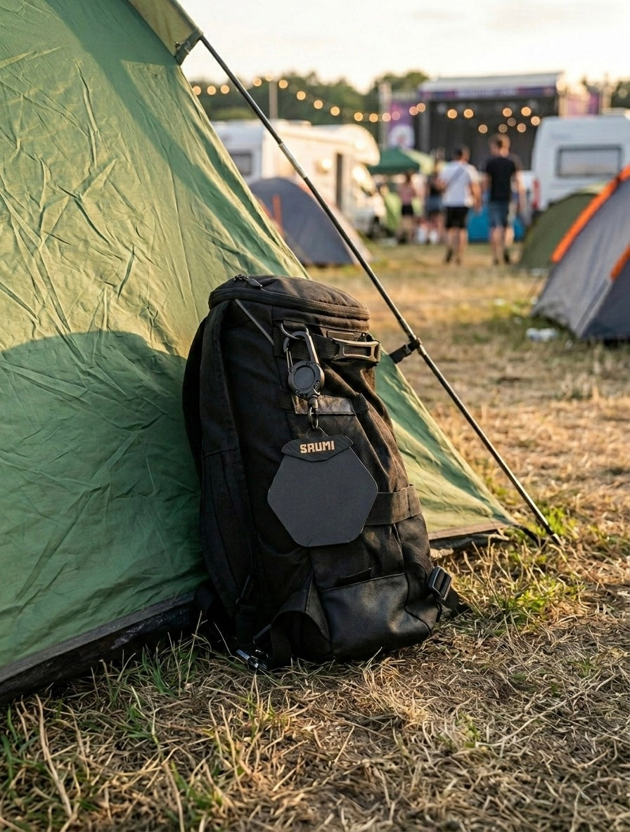 Black backpack leaning against a green tent in a camping area with other tents and people in the background. A SAUMI with Buddy is hanging from it.