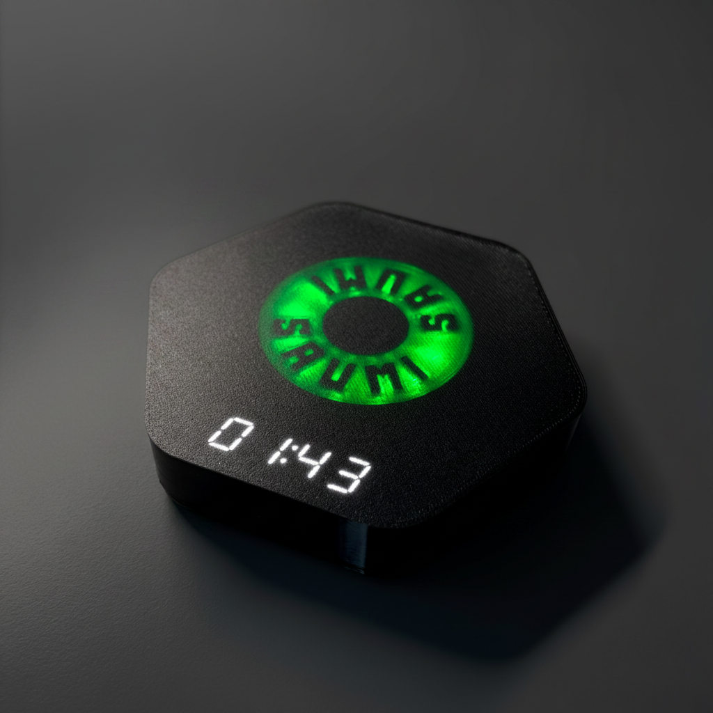 SAUMI the drinking timer in front of a dark grey seamless background
